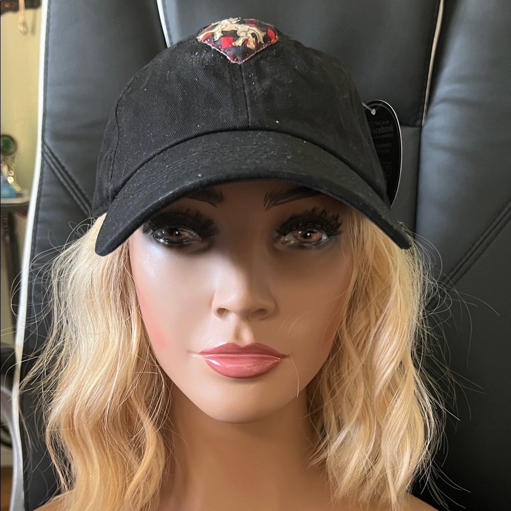 #1380**Black Baseball Cap W/ red & white WHT logo art in Detail.